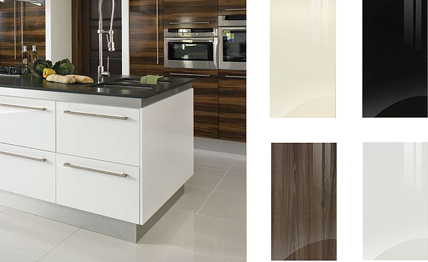 Gloss kitchen doors,  in  white, black, cream & walnut with durable hardwearing finish from Kitchen Makeover,  Ireland